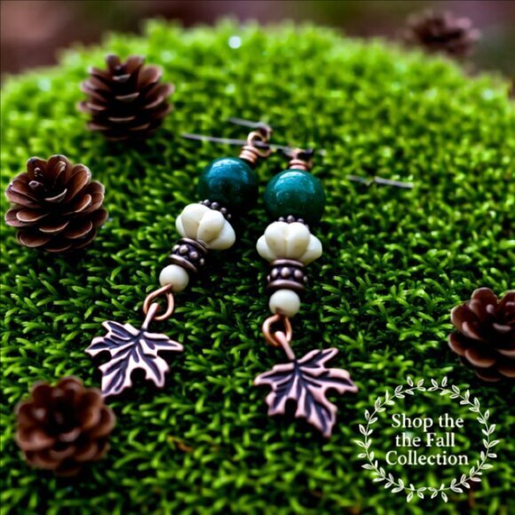 Hand Crafted Jewelry - Copper Maple Leaf + Stone Beads Dangle Earrings | Fall Countrycore Cabincore